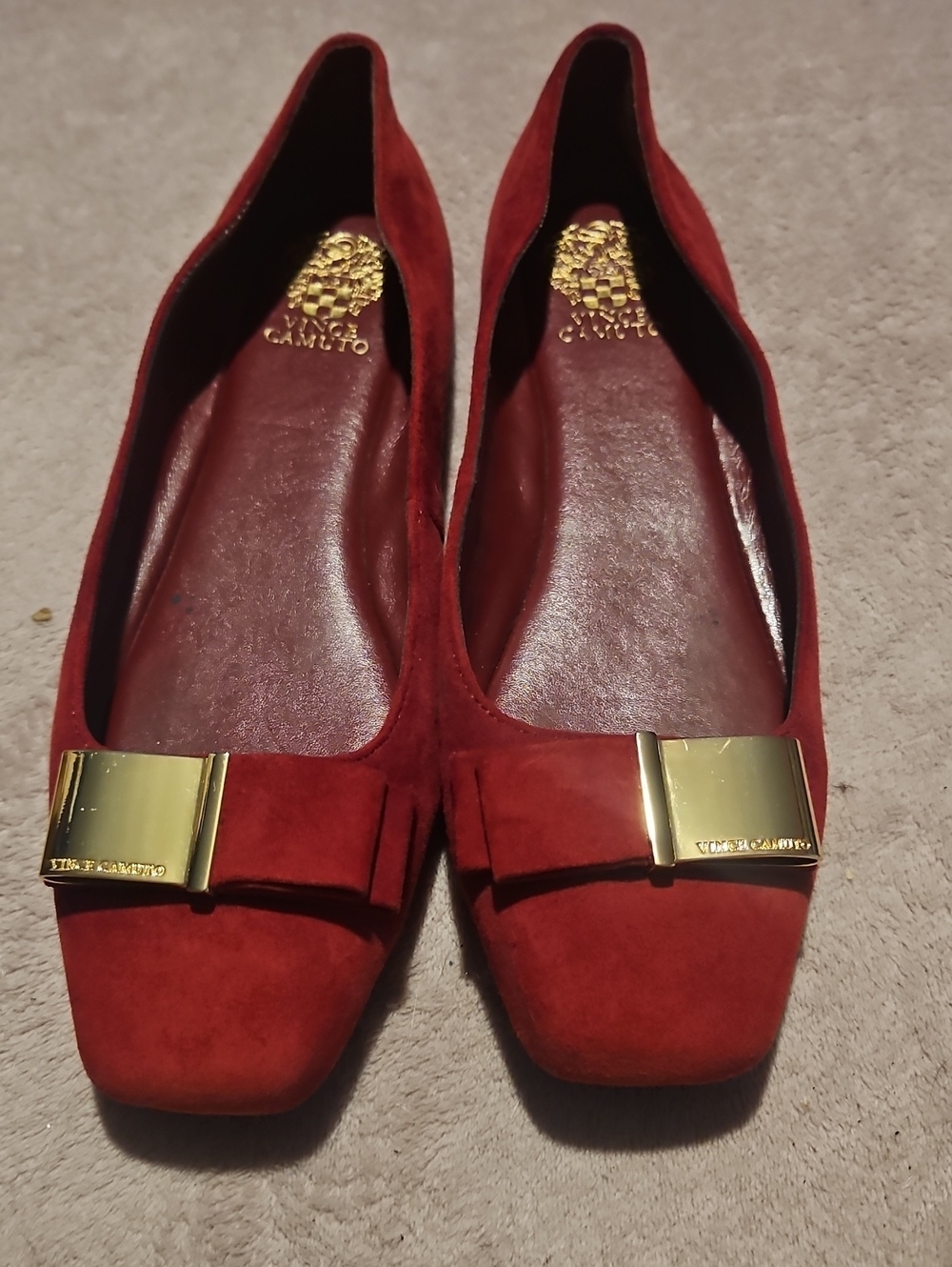 Vince Camuto Burgundy Suede Square-Toe Flats with Gold Buckle